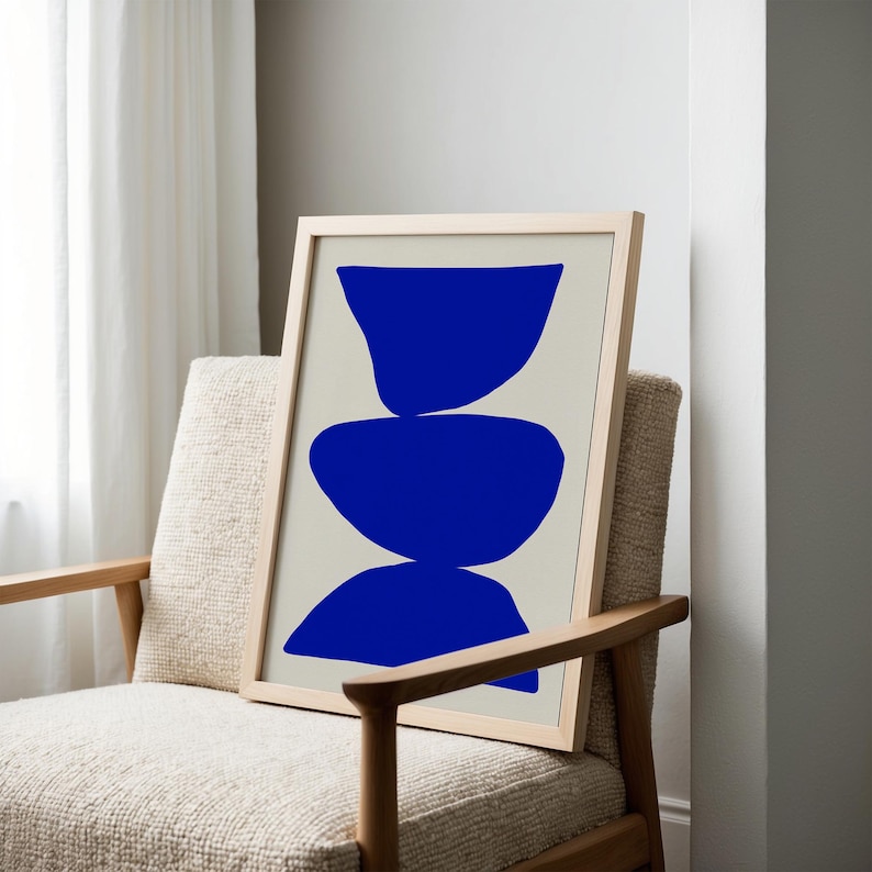 Minimalist royal blue boho chic wall art featuring a deep blue abstract design with a Scandinavian modern aesthetic. A stylish and trendy framed artwork, perfect for contemporary home decor, living rooms, bedrooms, or offices.