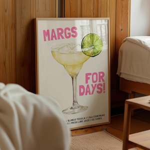 Przepis na koktajl Margarita, sztuka ścienna Vintage Bar Cart, wystrój kuchni w stylu retro, plakat z zabawnym drinkiem, wydruk na imprezę w domowym barze, miksologia