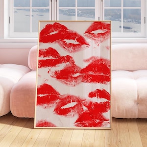 Póster de beso de lápiz labial, arte de pared de amor rojo y blanco, impresión retro elegante enmarcada, obra de arte funky de los años 70, vibraciones de fiesta de moda Y2K, tamaños de póster A4 A3 A2 A1