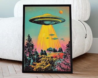 Vintage UFO Print: Retro Sci-Fi Alien Landscape Poster