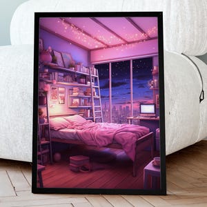 Décoration murale de scène de chambre froide d'anime japonais lo-fi, vue rose et apaisante sur le paysage urbain, affiche de jeu manga, décoration de chambre rétro relaxante, anime