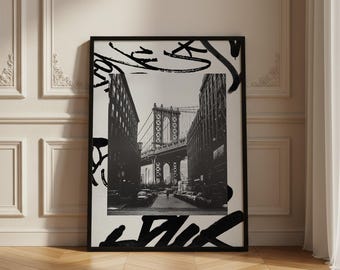 Manhattan Bridge Graffiti Print, Black White NYC Cityscape Wall Art Poster