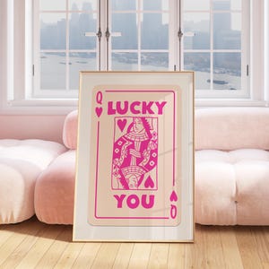 Póster de Lucky You en color rosa, arte de pared retro de moda, impresión estética divertida, póster de póquer Y2K, decoración genial de inspiración vintage