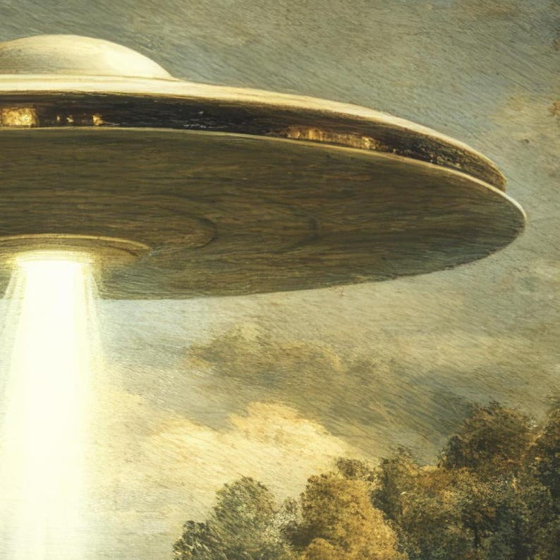 UFO Landscape Art Print: Retro Sci-fi Flying Saucer, Mystical Alien ...