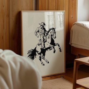 Stampa di cavallo da cowboy, bronco imbizzarrito, arte murale western, poster di azione di rodeo, arredamento rustico da ranch, estetica boho moderna, arte country eclettica