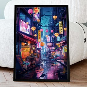 Arte de parede de cena de rua de Tóquio Lo-Fi, pôster de anime com luzes de neon, decoração de mangá japonês, arte de sala de jogador retrô, impressão de quarto urbano legal