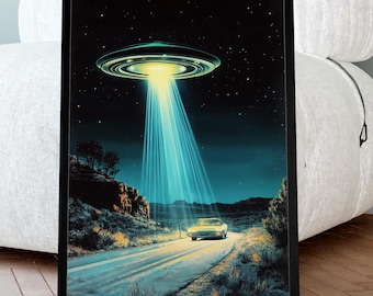 Vintage UFO Print: Retro Sci-Fi Alien Landscape Poster