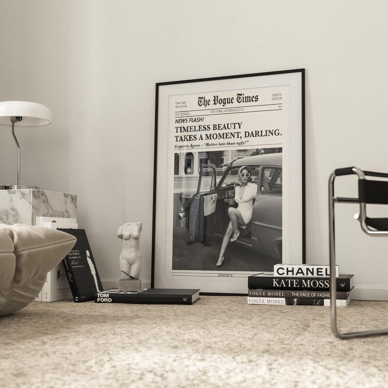 Black and white Vogue-style typography print featuring the phrase "Timeless Beauty Takes a Moment" in an elegant and bold font. A chic and stylish wall art piece, perfect for bedrooms, dressing rooms, or modern home decor. This fashionable and humorous design blends vintage aesthetics with modern typography, making it ideal for beauty lovers, fashion enthusiasts, and those who appreciate timeless elegance in their interior styling.