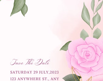 Unique pink colour Wedding invitation templates with the rose design ( Digital Download)
