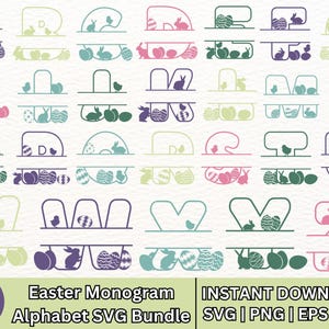 Paquete SVG de monograma de Pascua, SVG de monograma de conejito, SVG de letra de Pascua, archivo de corte de alfabeto de primavera, SVG de marco de monograma, SVG de Pascua de Cricut.
