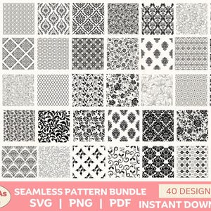 May include: A grid of 40 black and white seamless pattern designs, including floral, damask, and geometric styles. The image also features the text "SEAMLESS PATTERN BUNDLE" and "40 DESIGNS".