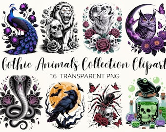 Pacchetto di clipart di animali gotici ad acquerello: fauna selvatica scura PNG (download digitale)