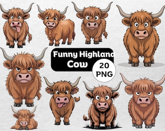 Puede incluir: Una colección de vacas de las Tierras Altas de dibujos animados en varias poses. Las vacas son marrones con pelaje lanudo, cuernos grandes y caras expresivas. La imagen incluye el texto "Funny Highland Cow 20 PNG".