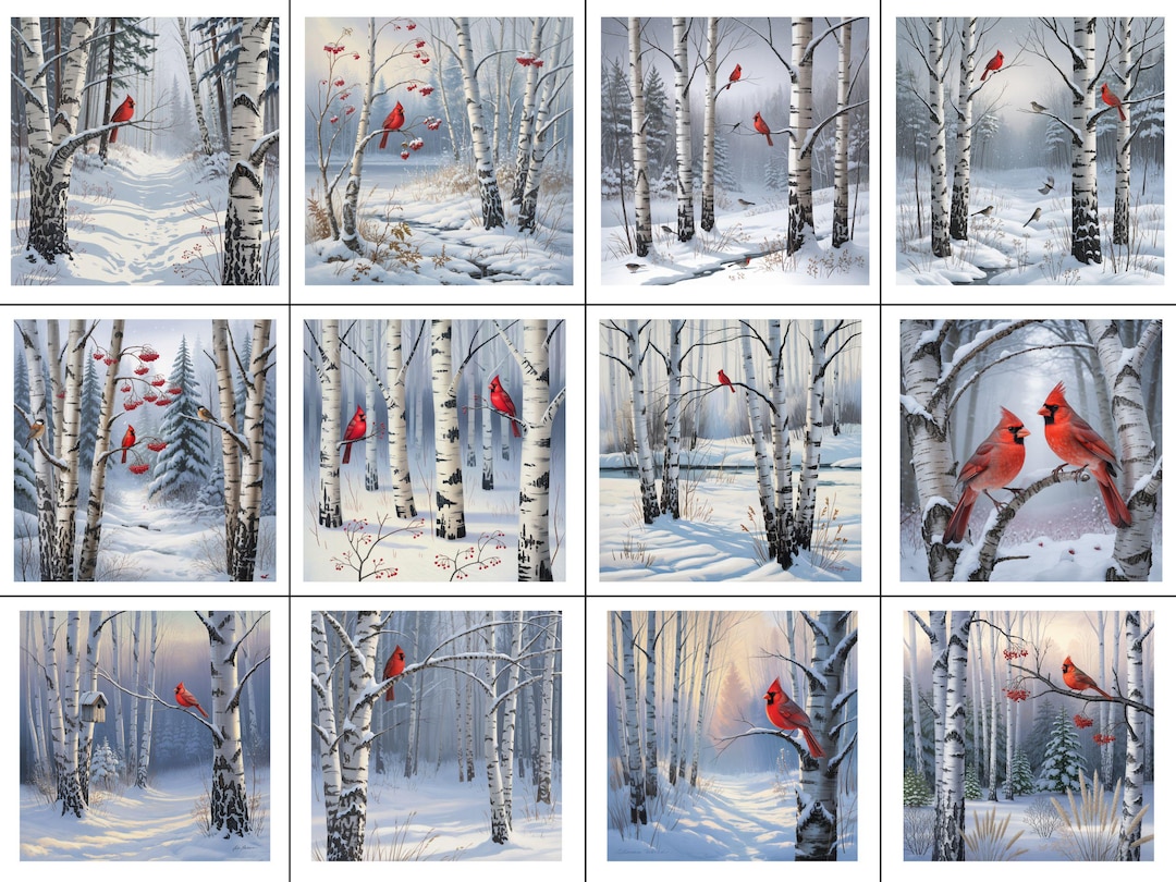 Cardinal & Birch Tree Clip Art Bundle: Winter Woodland Scene (JPG ...