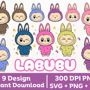 Labubu SVG-bundel, schattige pop monster SVG, cartoon clipart, kawaii Labubu ontwerpen, sublimatiebestanden, Labubu pdf-printables, Cricut cut-bestanden