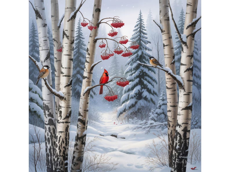 Cardinal & Birch Tree Clip Art Bundle: Winter Woodland Scene (JPG ...