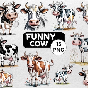 Funny Cow PNG Clipart Bundle | Farm Animal Illustration (Digital Download)