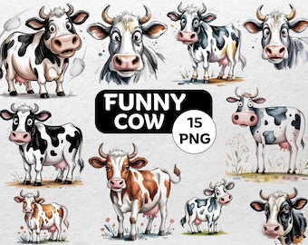 Funny Cow PNG Clipart Bundle | Farm Animal Illustration (Digital Download)