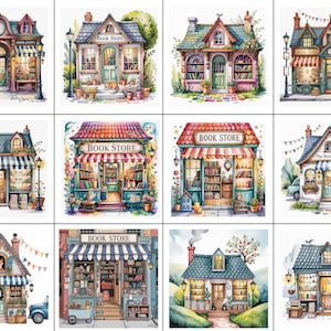 以下が含まれることがあります： 水彩画のイラストで描かれた、魅力的な本屋さん。各画像は、窓やドアに本が展示されている趣のある建物です。日よけ、自転車、装飾要素があり、居心地の良い、魅力的な雰囲気を作り出しています。パレットの色は、ソフトパステルと暖かい色調で構成されています。