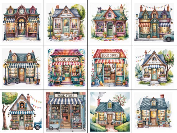 Whimsical Bookstore Clipart Bundle: Cozy Reading Nook Art (JPG Digital Download)