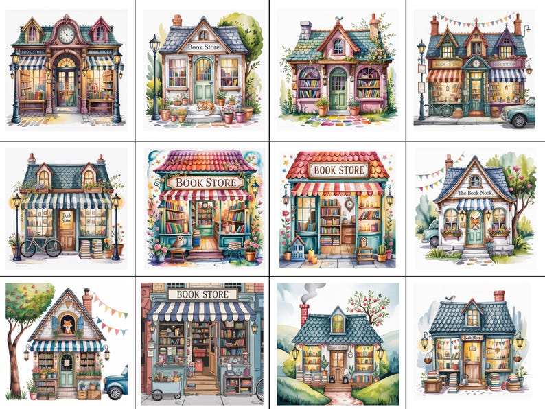 以下が含まれることがあります： 水彩画のイラストで描かれた、魅力的な本屋さん。各画像は、窓やドアに本が展示されている趣のある建物です。日よけ、自転車、装飾要素があり、居心地の良い、魅力的な雰囲気を作り出しています。パレットの色は、ソフトパステルと暖かい色調で構成されています。