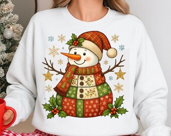 Retro Patchwork Snowman PNG: Vintage Christmas Clipart (Digital Download)