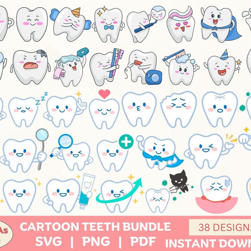 Tooth Cartoon Layout Tooth Dental Care Cartoons - Etsy