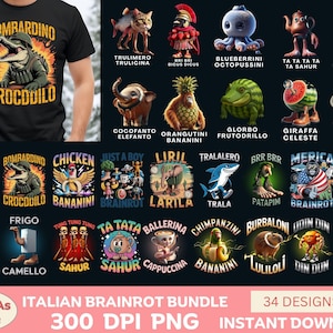 以下が含まれることがあります： 軍服姿のアリゲーターのグラフィックと「BOMBARDINO CROCDOILO」の文字が入った黒いTシャツ。画像には、さまざまなキャラクターとテキストを含む34の漫画デザインも表示されています。