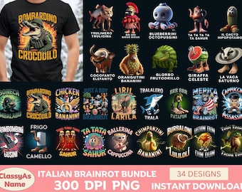 May include: Black t-shirt with a graphic of an alligator in a military uniform and the text "BOMBARDINO CROCDOILO". The image also shows 34 cartoon designs with various characters and text.
