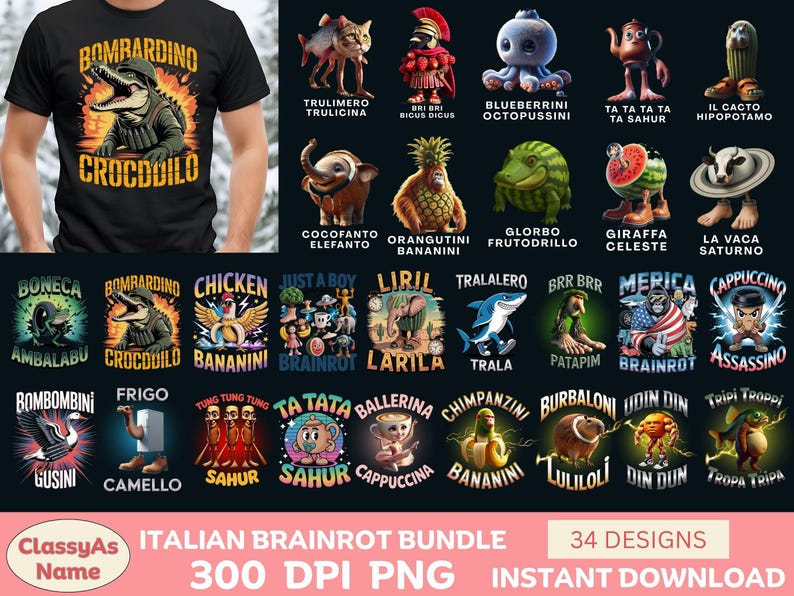 Może przedstawiać: Czarny t-shirt z grafiką aligatora w mundurze wojskowym i napisem "BOMBARDINO CROCDOILO". Obraz zawiera r&oacute;wnież 34 projekty kresk&oacute;wek z r&oacute;żnymi postaciami i tekstem.