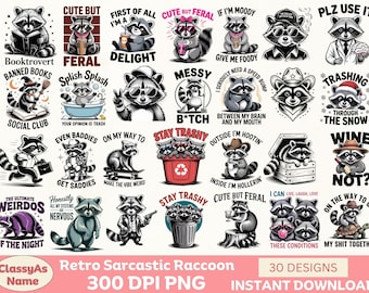 Retro Sarcastic Raccoon PNG Bundle: Funny Wildlife Clipart (Digital Download)
