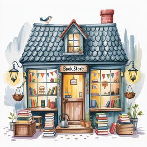 以下が含まれることがあります： 水彩画のイラストで描かれた趣のある本屋。建物は青いタイルの屋根、小さなドーマー窓、レンガの煙突があります。窓には本の山とカラフルなガーランドが飾られています。ドアの上の看板には「Book Store」と書かれています。鳥が屋根に止まっています。