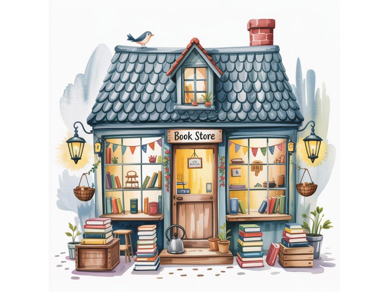 以下が含まれることがあります： 水彩画のイラストで描かれた趣のある本屋。建物は青いタイルの屋根、小さなドーマー窓、レンガの煙突があります。窓には本の山とカラフルなガーランドが飾られています。ドアの上の看板には「Book Store」と書かれています。鳥が屋根に止まっています。