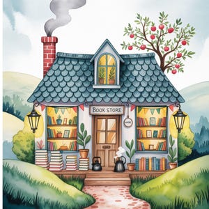 以下が含まれることがあります： 青いタイルの屋根、赤いレンガの煙突、そして「Book Store」と書かれた看板がある、趣のある本屋さんの水彩イラスト。お店は緑に囲まれ、本が積まれ、赤いリンゴの木があります。