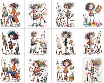 Whimsical Artist Clip Art Bundle: Fun Illustrations (JPG Digital Download)