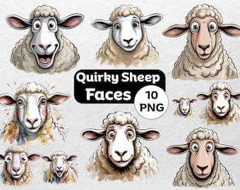 Funny Sheep Faces PNG Bundle: Cartoon Farm Animal Clipart (Digital Download)