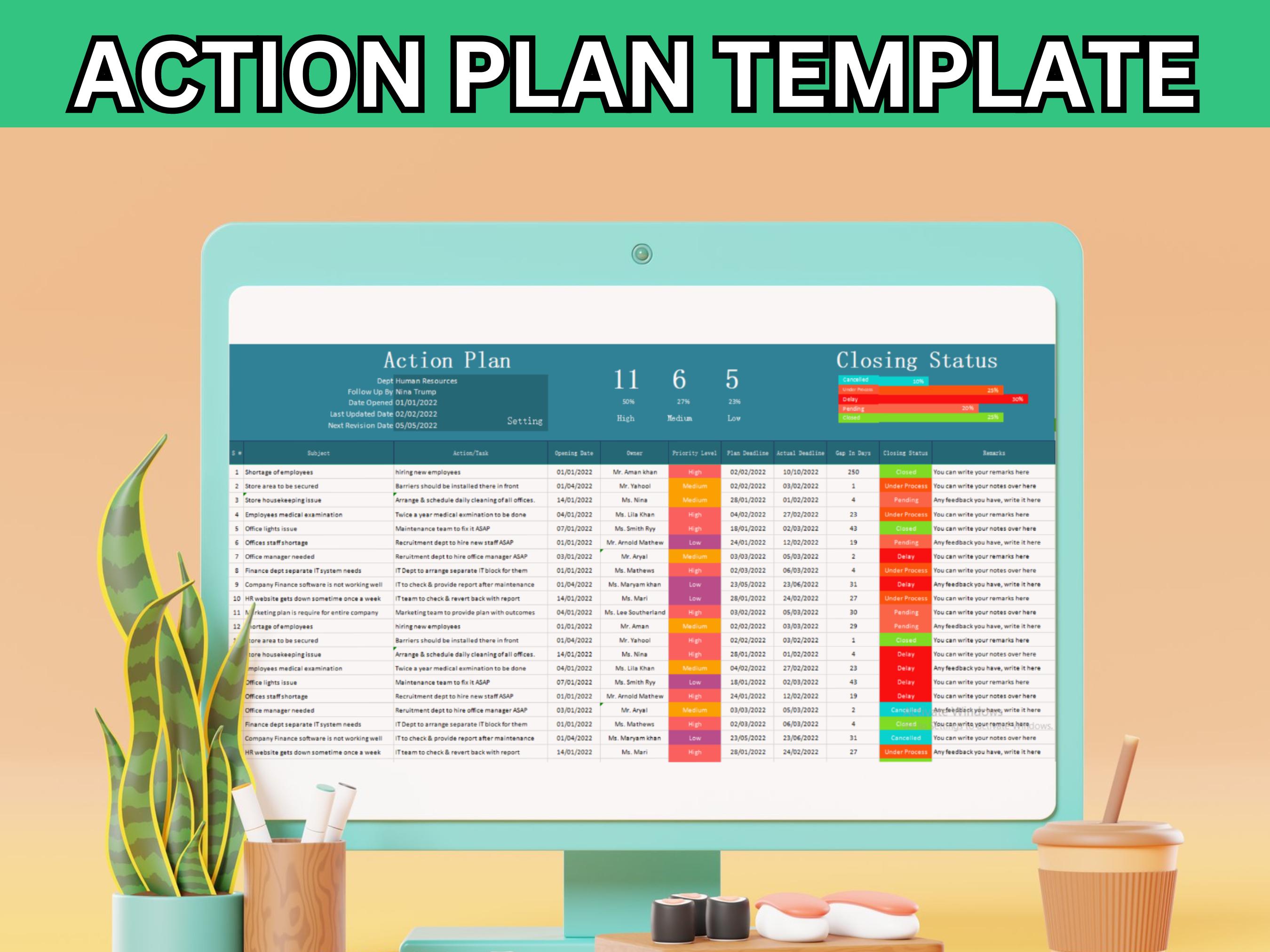 Action Plan Template Excel | Project Management Planner | Business Goal ...