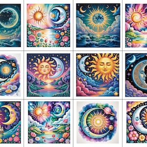 May include: A collection of twelve colorful, square art prints. Each print features a celestial theme with a sun and moon design. The artwork includes vibrant colors, floral elements, and landscape backgrounds.