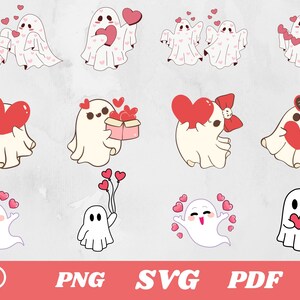 Pacote Valentine Ghost Svg, Dia dos Namorados SVG, Feliz Dia dos Namorados Svg, Girl Ghost Valentines Svg, Retro Valentine's Svg, Fantasmas com Corações