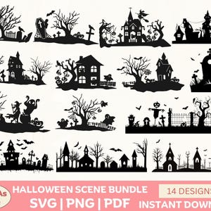 May include: A collection of 14 black Halloween scene designs, including haunted houses, cemeteries, and spooky trees. The designs are available in SVG, PNG, and PDF formats. The text "Halloween Scene Bundle" and "14 Designs" are also included.
