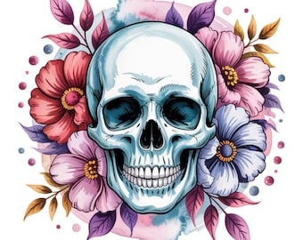 Puede incluir: Ilustración en acuarela de una calavera rodeada de flores coloridas. La calavera es azul claro con cuencas oscuras y una dentadura completa. Las flores son rojas, rosas y moradas, con centros amarillos y hojas verdes.