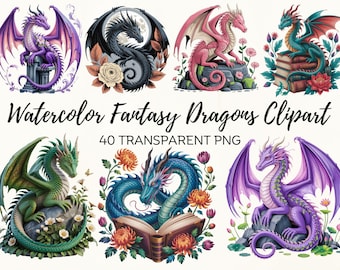 Paquete de imágenes prediseñadas de dragón en acuarela: Arte fantástico PNG (descarga digital)