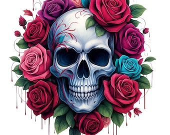 Puede incluir: Ilustración detallada de una calavera rodeada de rosas vibrantes. La calavera es blanca con sombreado azul y detalles rojos y azules. Las rosas son de varios tonos de rojo, rosa y morado, con hojas verdes.