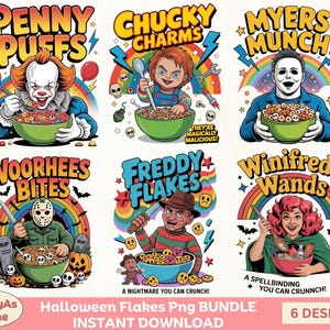 Peut inclure: Un ensemble d'art numérique avec six modèles de boîtes de céréales sur le thème d'Halloween. Chaque modèle présente un personnage de film d'horreur avec un bol de céréales. Le texte comprend "Penny Puffs", "Chucky Charms", "Myers Munch", "Voorhees Bites", "Freddy Flakes" et "Winifred's Wands".
