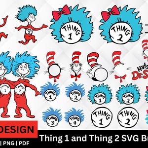 Thing 1 and Thing 2 SVG Bundle, Dr Seuss Inspired Cut Files, PNG, Cricut, Silhouette, Digital Download, thing 1 svg, thing2 svg, pdf files.