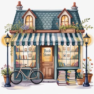 以下が含まれることがあります： 青と白のストライプの日よけがある、魅力的な本屋さんの水彩イラスト。自転車が店の前にあり、本の山が歩道にあります。ドアの看板には「Book Store」と書かれています。