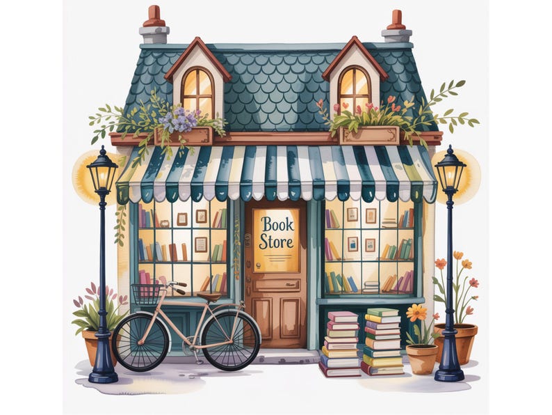 以下が含まれることがあります： 青と白のストライプの日よけがある、魅力的な本屋さんの水彩イラスト。自転車が店の前にあり、本の山が歩道にあります。ドアの看板には「Book Store」と書かれています。