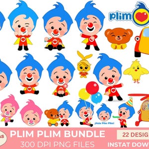 May include: A collection of colorful cartoon character designs, including Plim Plim, a clown-like figure with blue hair and a red nose. The image also features various animal characters and the text "PLIM PLIM BUNDLE".