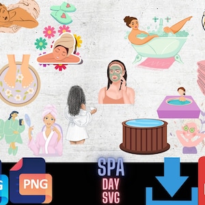 Clipart de soins personnels relaxante journée au spa fille spa salon png routine de soins personnels autocollants numériques journée au spa clipart imprimable autocollants png
