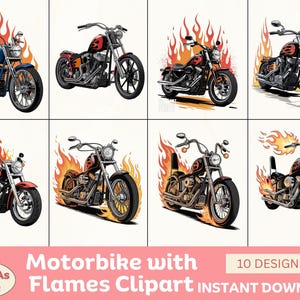 Może przedstawiać: Osiem ilustracji motocykli z płomieniami w różnych kolorach, w tym niebieskim, czerwonym i czarnym. Tekst "Motorbike with Flames Clipart" jest wyświetlany na różowo, wraz z "10 DESIGNS".